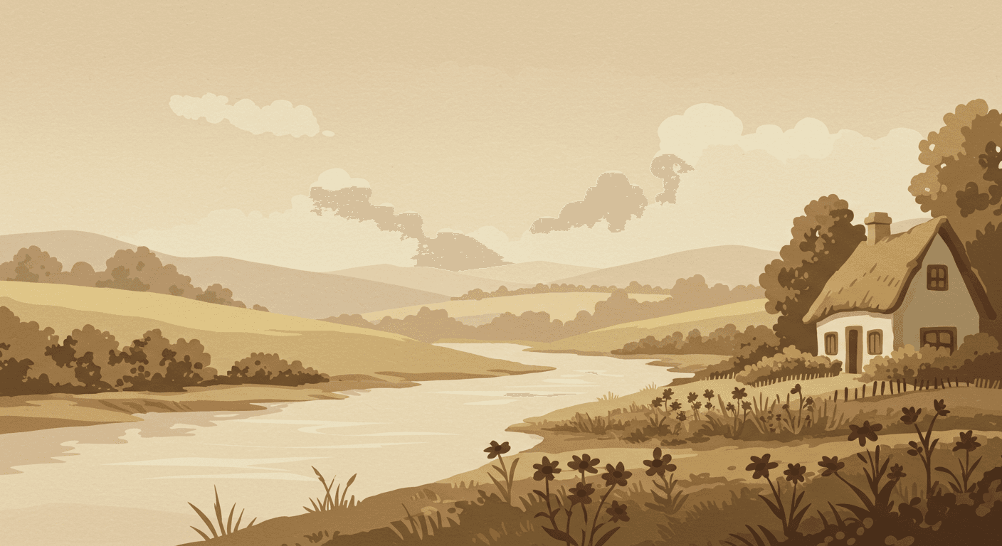 A peaceful countryside with a small cottage