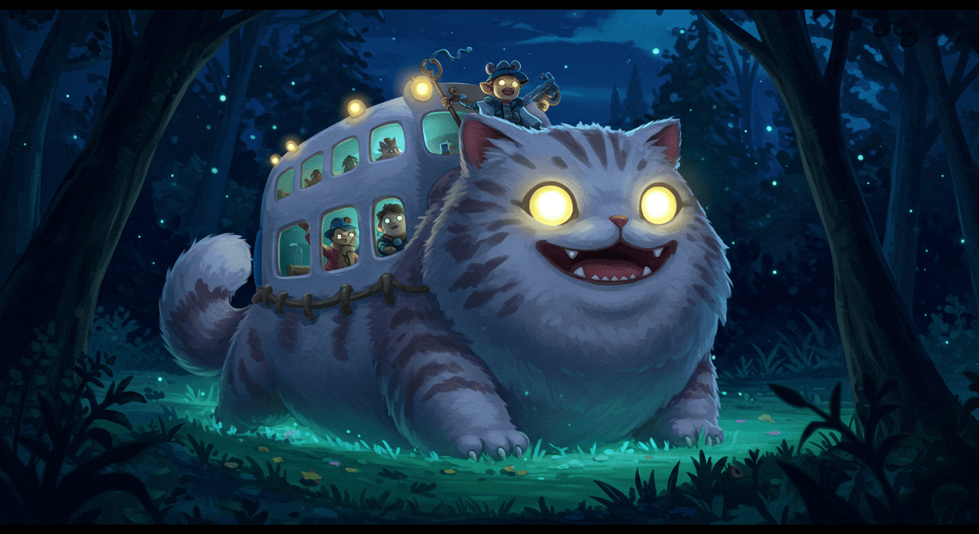A character riding a cat bus